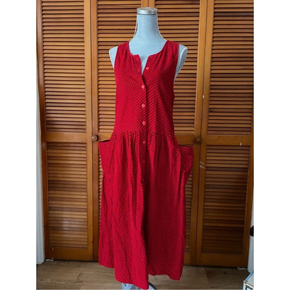 Vintage Red Bandana Corduroy Button-Front Maxi Dress Pinafore with Pockets